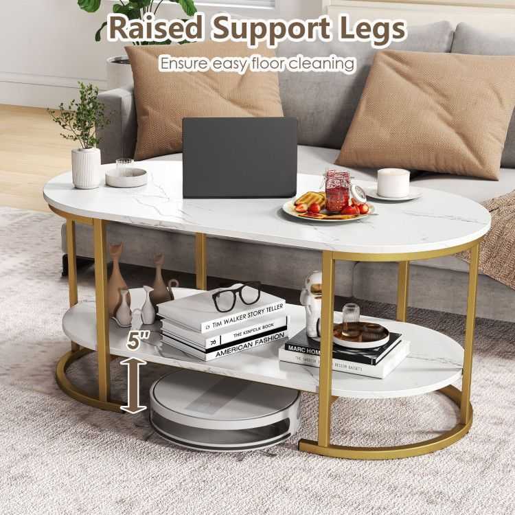 Oval Coffee Table 2-Tier Wooden Accent Table with Spacious Tabletop and Open Storage Shelf - luxuryhomedecoridea.com