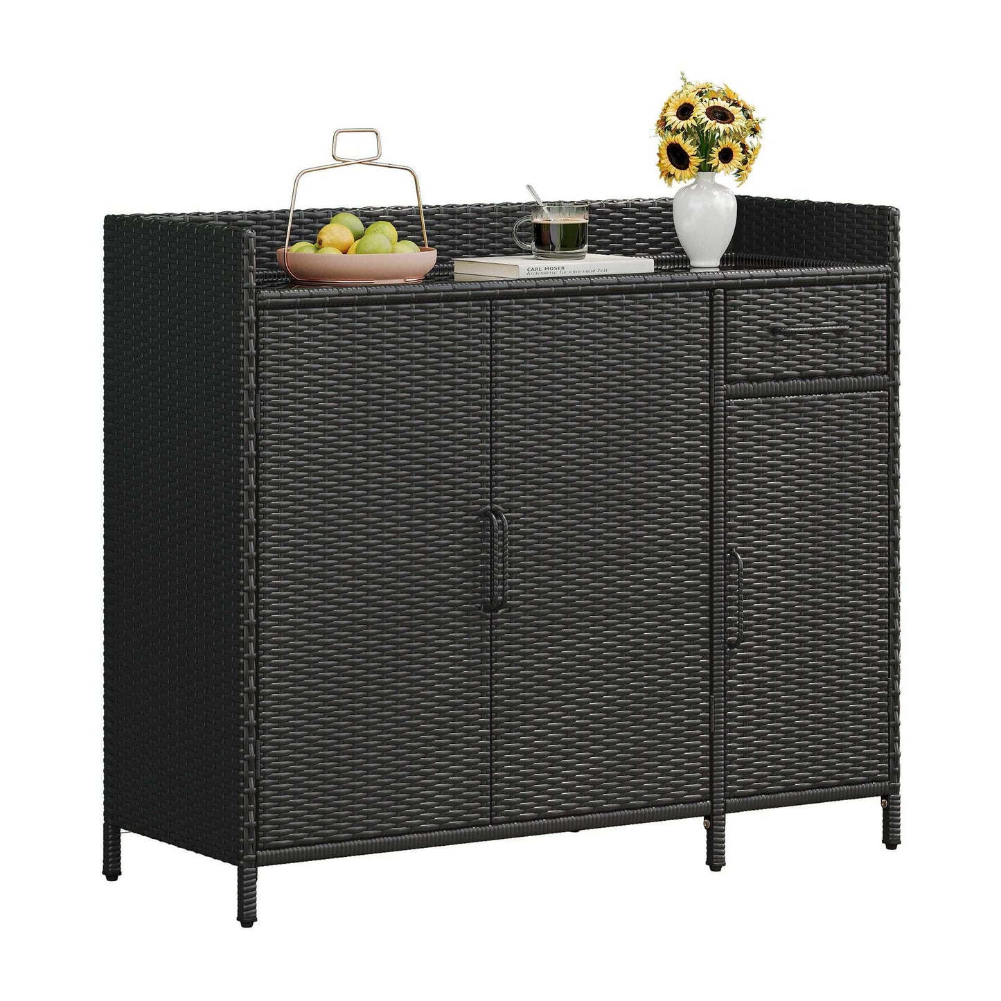 47.5"W Wicker Outdoor Storage Cabinet with Tempered Glass Desktop, Weather-proof Rattan Bar Table with Three Doors, Adjustable Shelf, and One Drawer, for Outdoor Cushions, Pool Toys - luxuryhomedecoridea.com