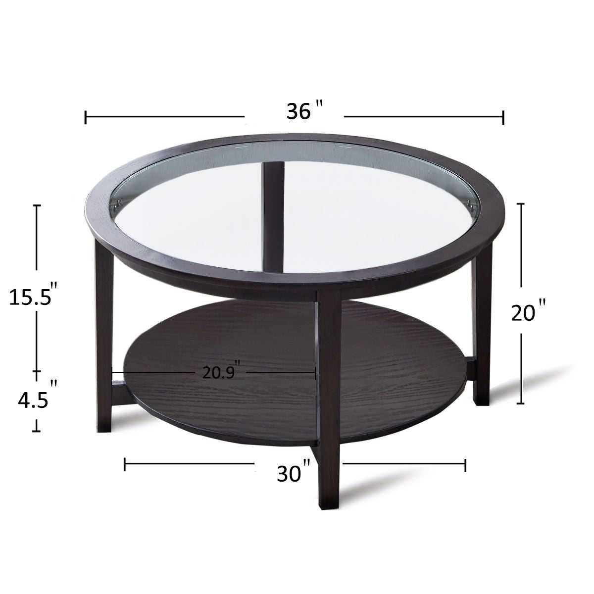 Modern Solid wood round coffee table with tempered glass top black color-36" - luxuryhomedecoridea.com