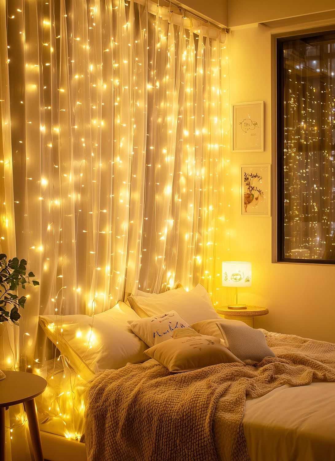 300 LED Fairy Curtain Lights, 9.8ft x 9.8ft Warm White Curtain String Lights, USB Plug in 8 Lighting Modes Christmas Decoration, Hanging Lights with Remote for Bedroom Indoor Weddings Dorm - luxuryhomedecoridea.com