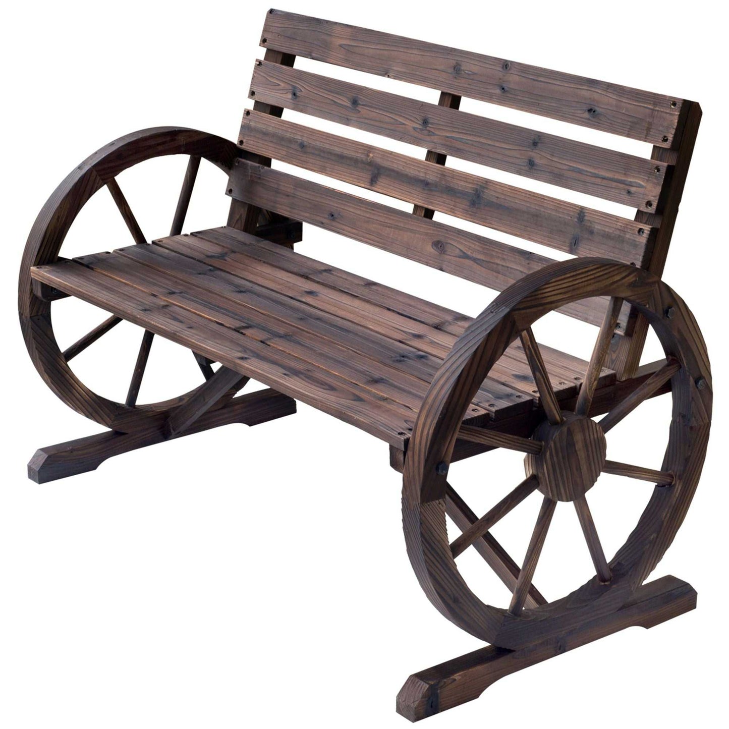 Wagon Wheel Bench Rustic 2-Person Outdoor Patio Carbonized Finish with Backrest - luxuryhomedecoridea.com