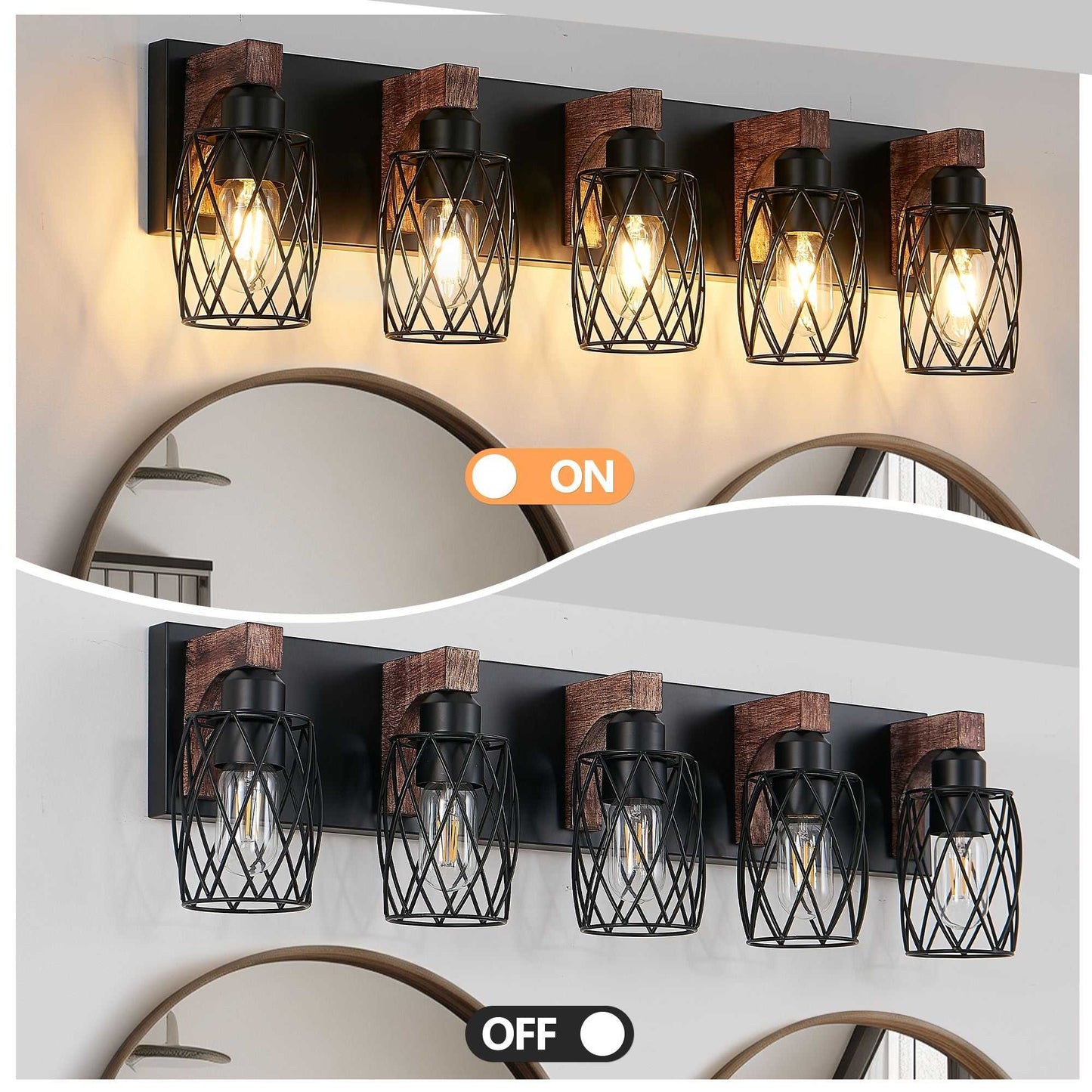31" Industrial Vintage 5-Light Wall Sconce - Black Cage Wall Lighting Fixture with Wooden Accents for Bathroom, Hallway, or Living Room (Bulb Not Included) - luxuryhomedecoridea.com