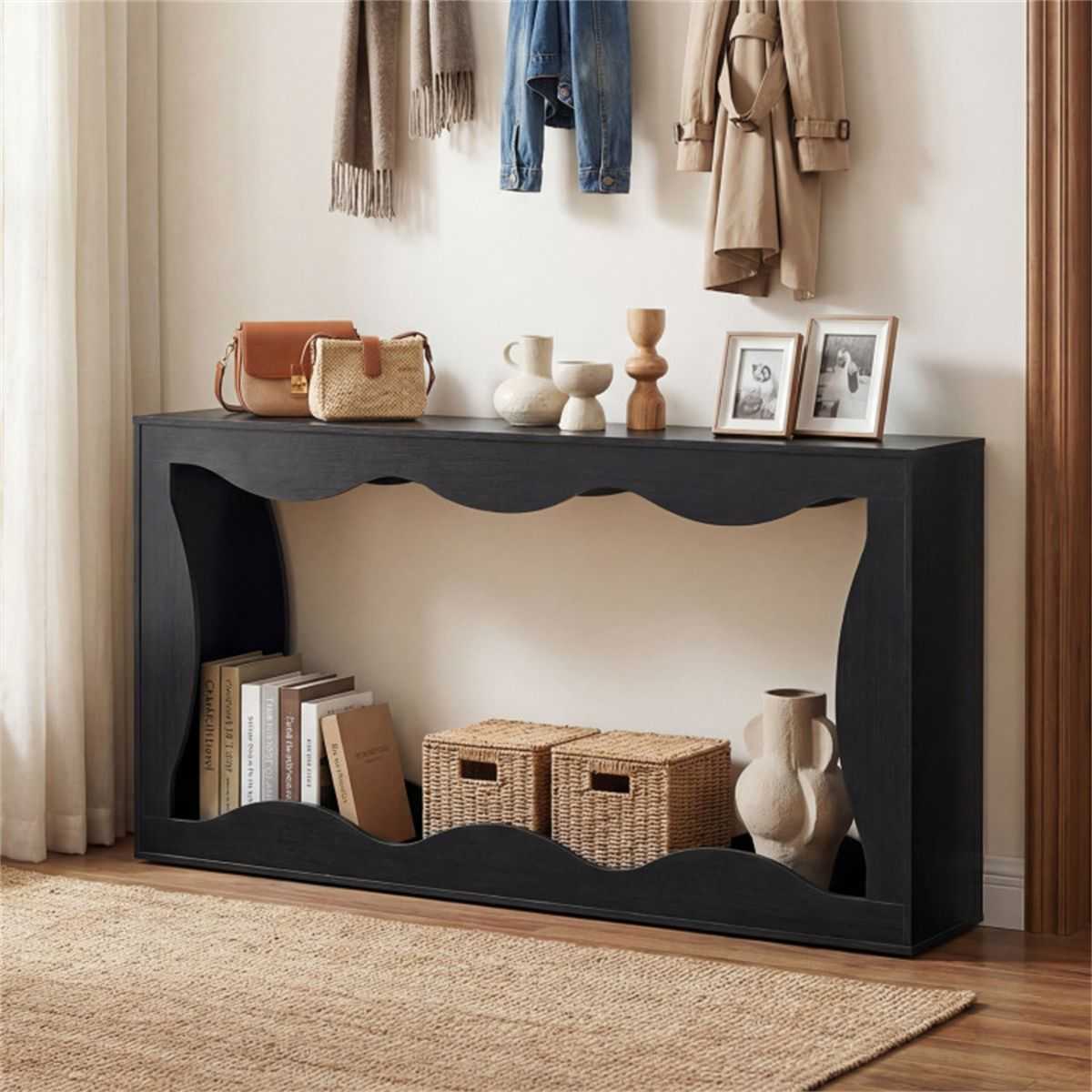 63" Narrow Console Table with Wavy Hollow Design, 2-Tier Extra Long Entryway Table with Storage Shelf - Black - luxuryhomedecoridea.com