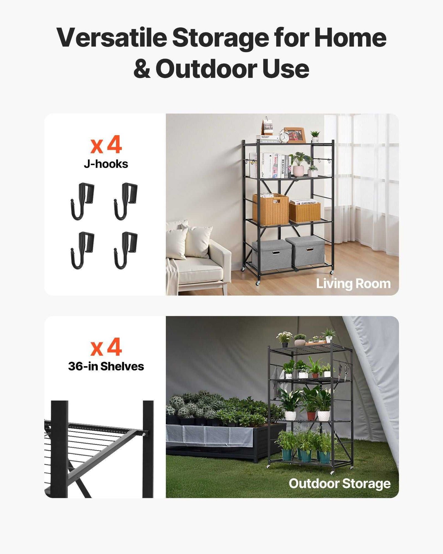 Foldable Storage Shelf, 36W x 21D x 60H Inch Folding Metal Rack Shelving Unit, No Assembly Organizer Shelf with 5 Wheels & 4 Hooks for Pantry, Kitchen, Garage, Basement, Black - luxuryhomedecoridea.com