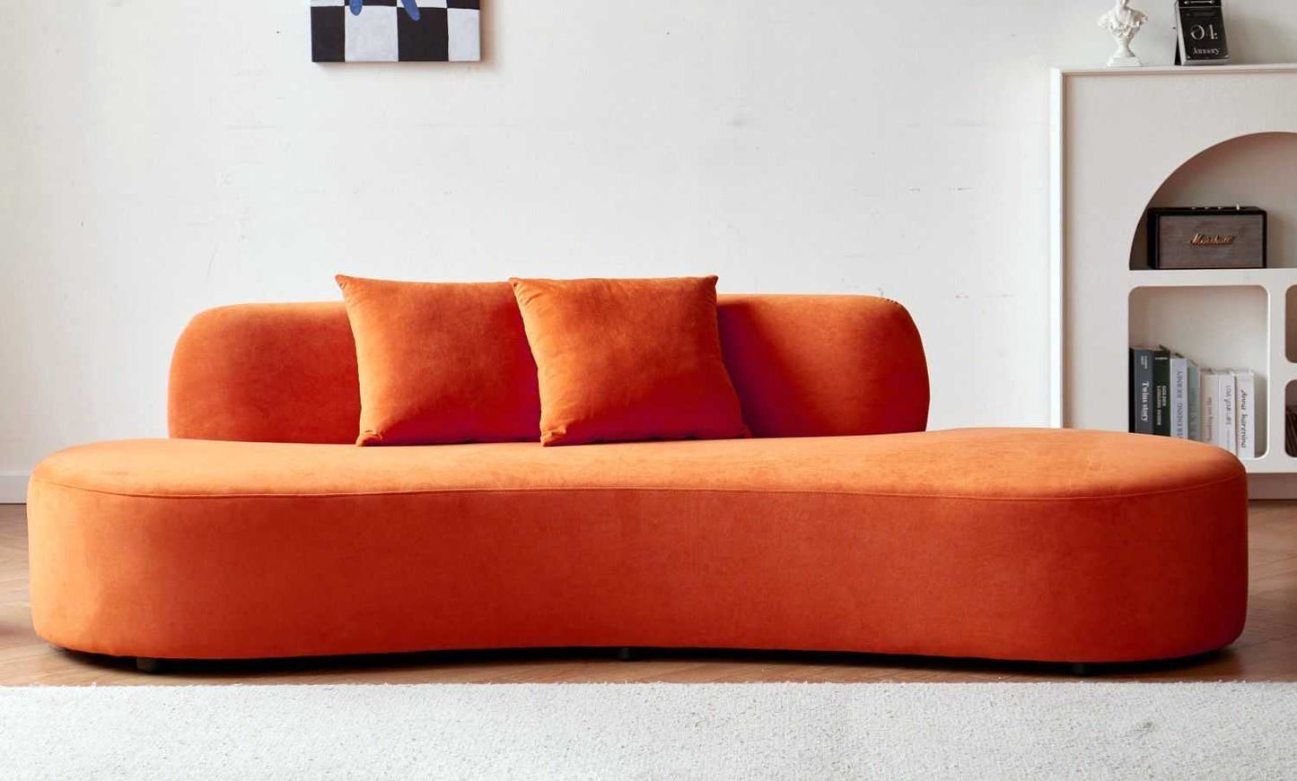90" Curved Sofa with Throw Pillows, 4 Seater Luxury Velvet Couch with Half Moon Design and High-Density Foam, Ideal for Modern Living Room, Office & Apartment, Red Orange - luxuryhomedecoridea.com