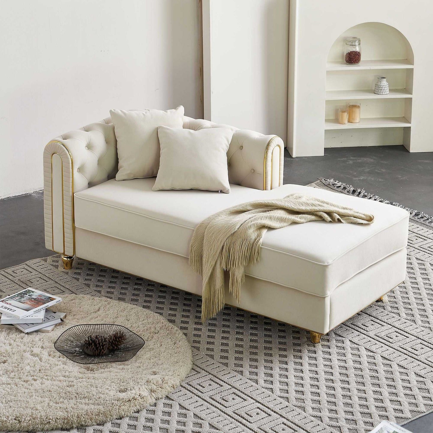 66.9''W Velvet Chaise Lounge,Luxury Modern Chaise Furniture,Tufted Back with 2pcs toss pillows for Living Room,Bedroom,Apartment,Beige Color - luxuryhomedecoridea.com