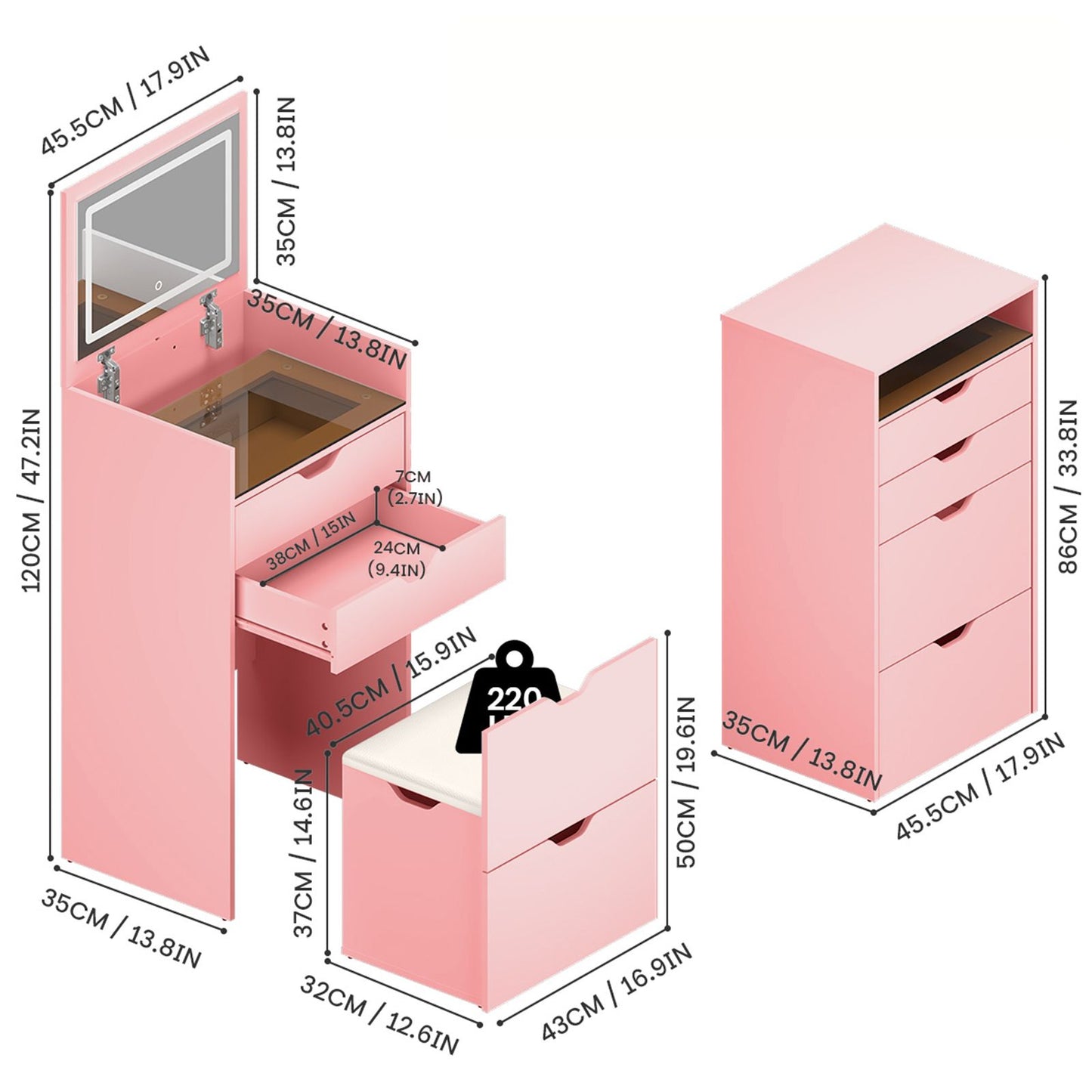 Dressing Table and Stool, 3-in-1 Multifunctional Dressing Table Set, Featuring Three-color Lighting Modes, HD Mirror, Two Sliding Drawers, and a Hidden Storage Stool - luxuryhomedecoridea.com