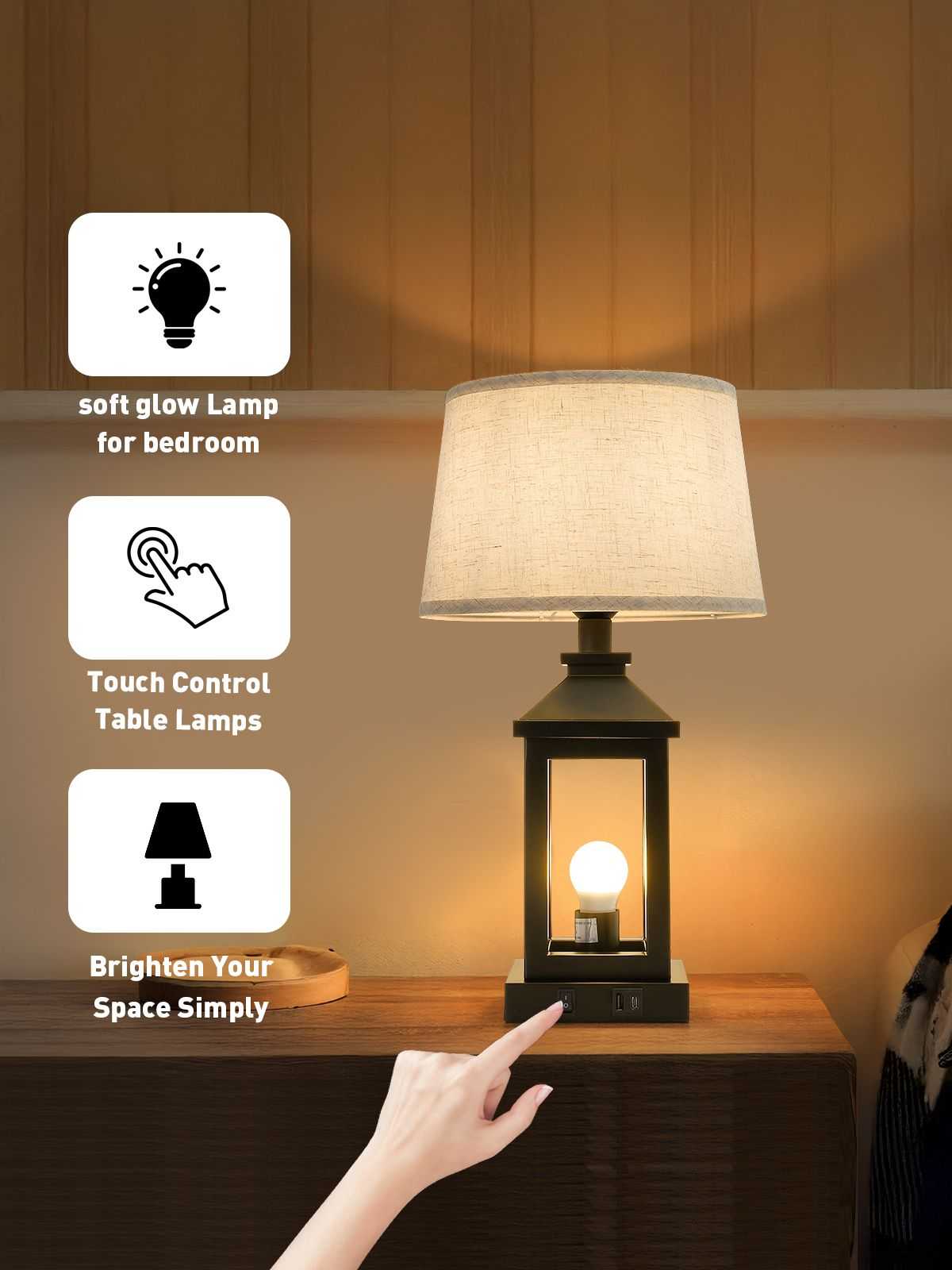 20.5in Black Farmhouse Bedside Table Lamp for Living Room, 3-Way Dimmable Touch Control Modern Nightstand Lamp with 2 Light for Bedroom, Home, Office(Bulbs Included) - luxuryhomedecoridea.com