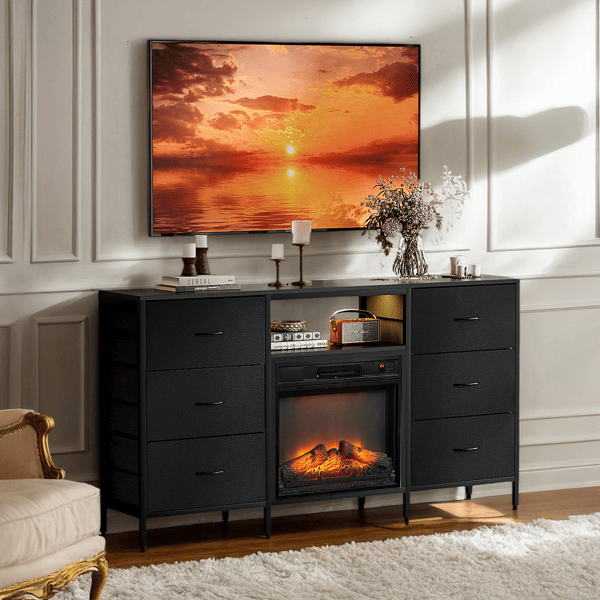 Black Embossed Fireplace TV Stand with 18 Inch Insert & 6 Fabric Drawers, RGB Lights, Industrial Iron-Wood Design Media Console, 58 x 11.8 x 31.3 Inch - luxuryhomedecoridea.com