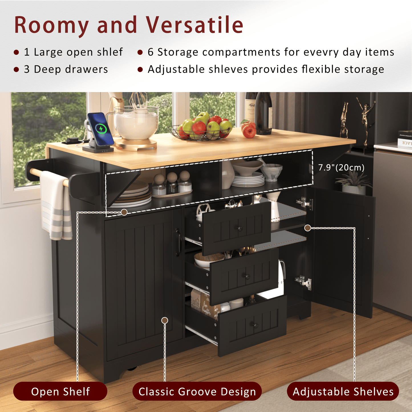 55.7" Large Kitchen Island with 2 Drop Leaf,Rolling Kitchen Cart on 5 Wheels with Power Outlet, Folding Storage Dining Table with Spice & Towel Rack , 3 Drawers, for Kitchen, Dining Room - luxuryhomedecoridea.com