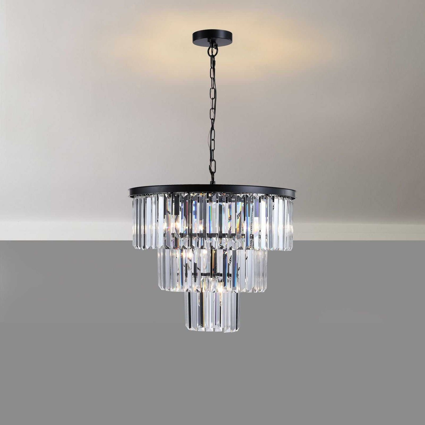 (NEW SKU:W1340P189315) 20" Modern Crystal Chandelier with Black Finish – Elegant 7-Light Pendant Light with 3 Tier Crystal Strands for Dining Room, Living Room, or Bedroom (Bulb Not Included) - luxuryhomedecoridea.com