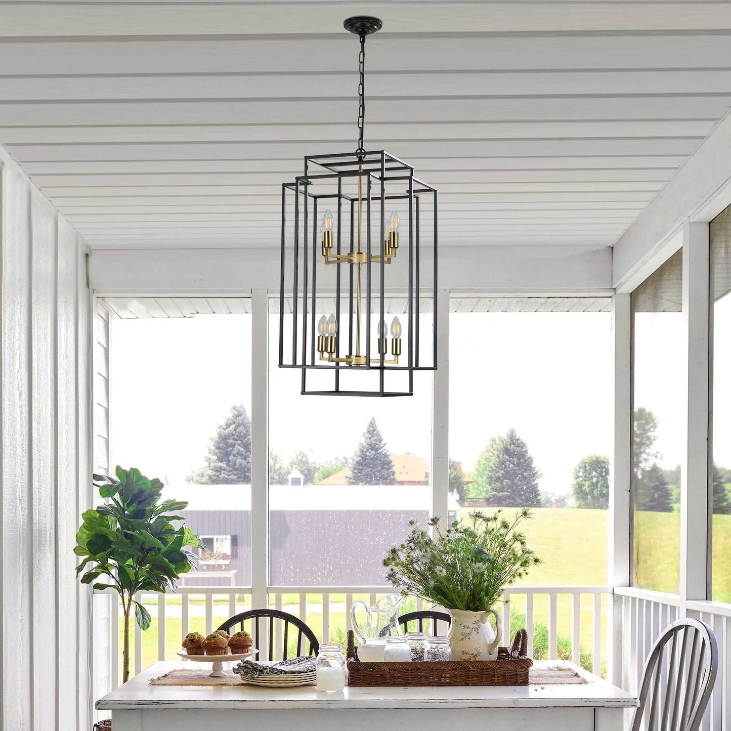 (Same as W1340142524/L1018-G) 18" Modern 8-Light Black Gold Geometric Pendant Chandelier, Industrial Metal Frame, Adjustable Hanging Light for Living Room, Dining Room, Kitchen (No Bulbs) - luxuryhomedecoridea.com