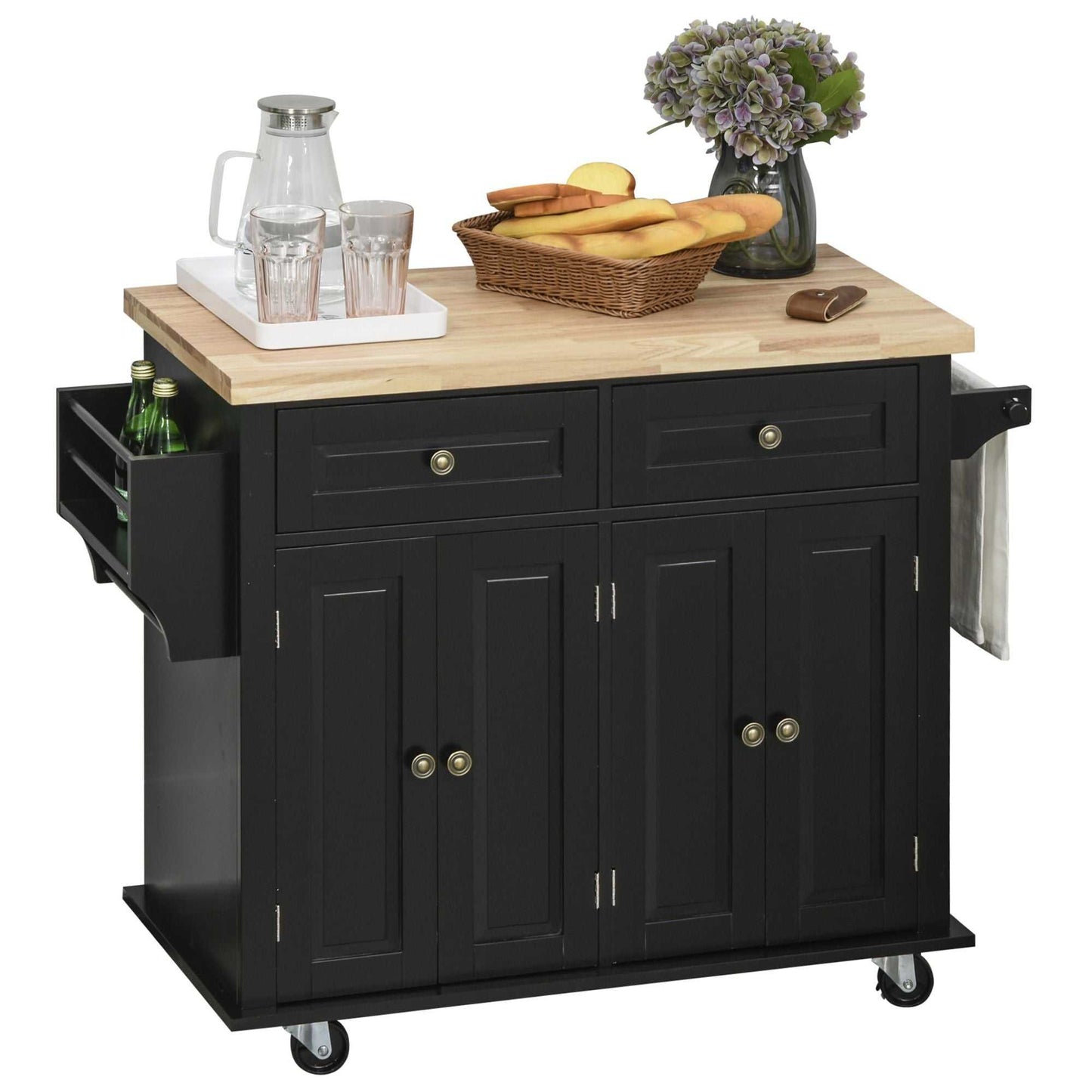 Kitchen Island Cart with Rubber Wood Top, Rolling Kitchen Island Table on Wheels with Drawers, Adjustable Shelves, Spice Rack and Towel Rack for Dining Room, Black - luxuryhomedecoridea.com