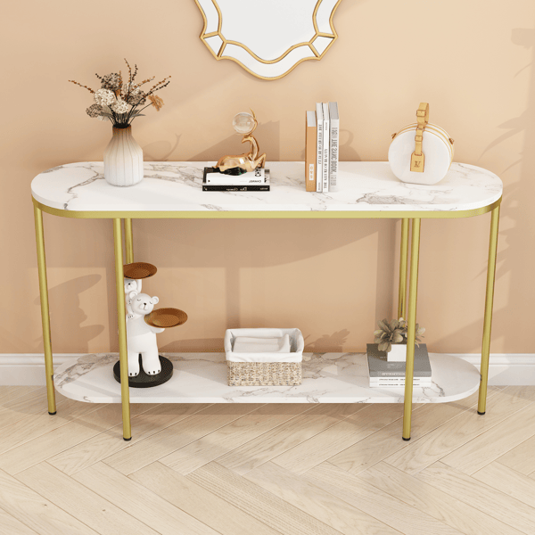 2-Tier Oval Console Table, White Faux Marble Top with Gold Metal Frame, Modern Entryway Table with Open Shelf, 42.1"×11.4"×30.5" Narrow Sofa Table for Hallway, Living Room & Foyer - luxuryhomedecoridea.com