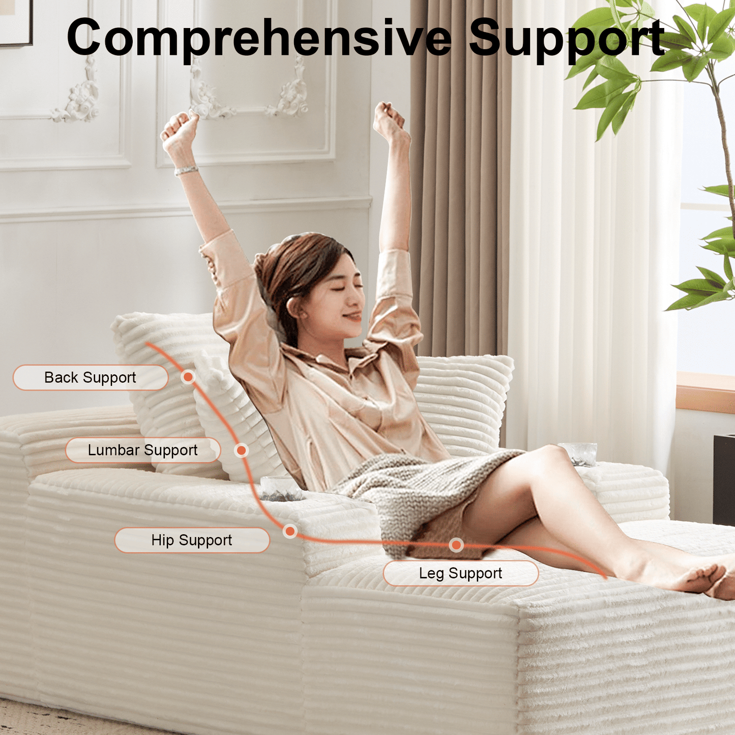 66" Oversized Corduroy Chaise Lounge Chair | Indoor Single Sleeper Sofa Bed with 3 Soft Pillows & Cup Holder - Modern Cloud Couch for Living Room/Office (White) - luxuryhomedecoridea.com
