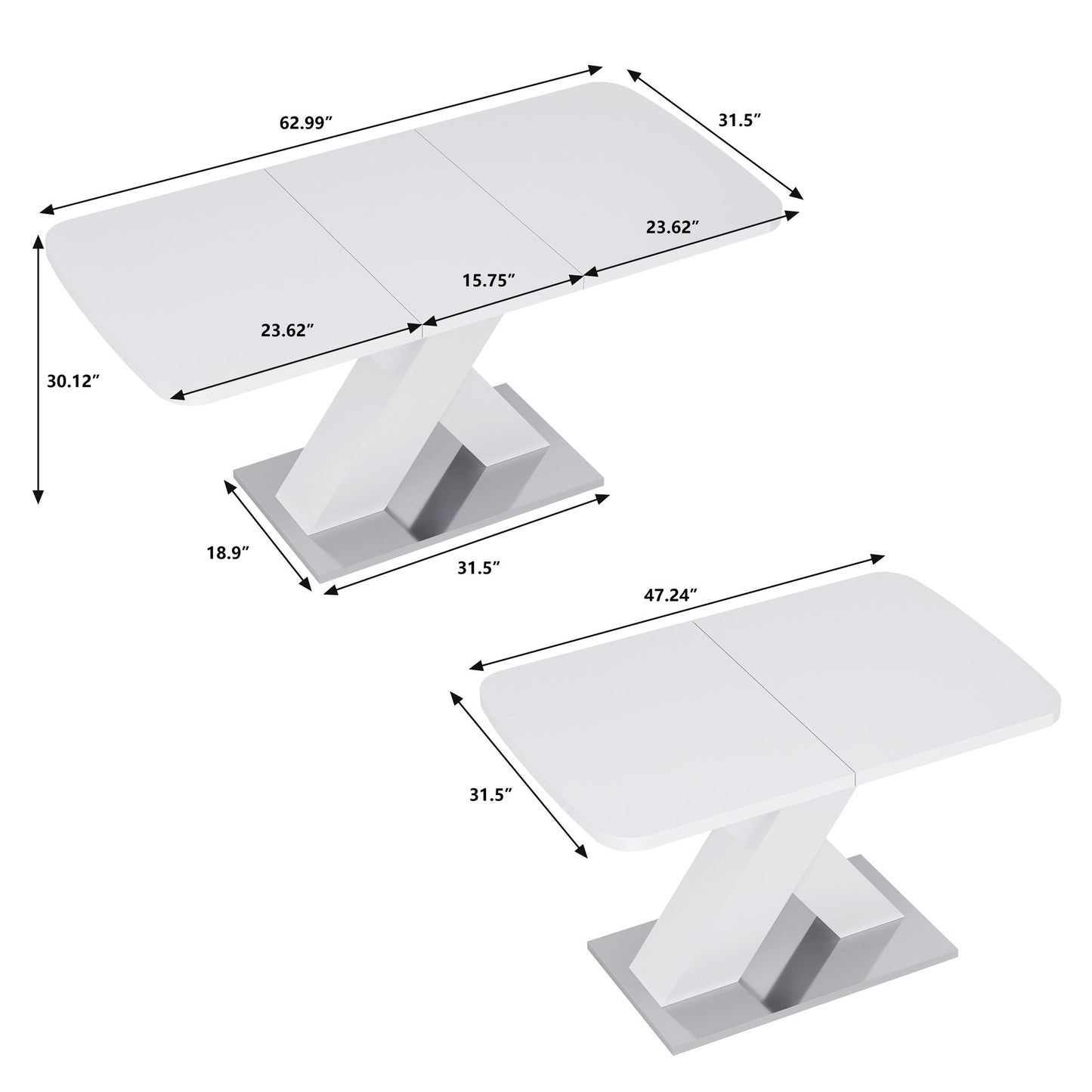 Modern Square Dining Table, Stretchable, White Table Top+MDF X-Shape Table Leg with Metal Base - luxuryhomedecoridea.com