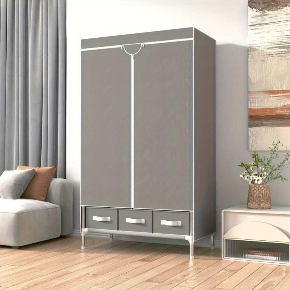 Portable Clothes Closet Rolling Door Wardrobe with Hanging Rack Non-Woven Fabric Storage Organizer with Three Drawer Boxes No-Tool Assembly - 67in*35.4in*17.7in(Gray) - luxuryhomedecoridea.com