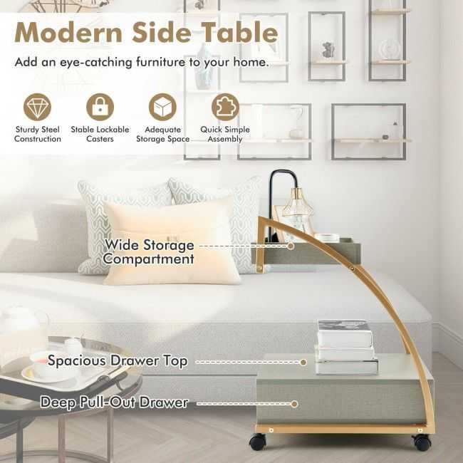 Modern C-shaped Frame Tray With Storage Drawer Nightstand End Table - luxuryhomedecoridea.com