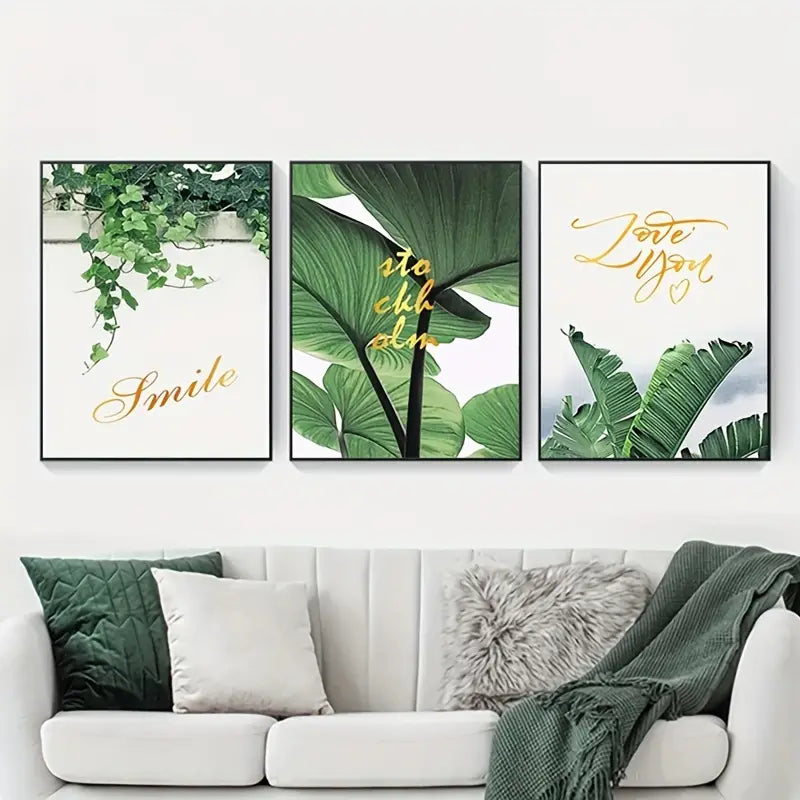 3 Piece Unframed Scandinavian Green Leaves Wall Art