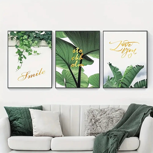 3 Piece Unframed Scandinavian Green Leaves Wall Art