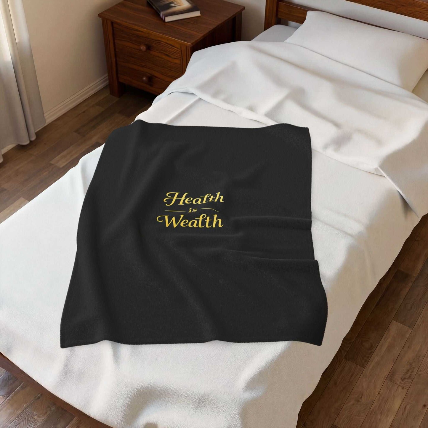 Velveteen Plush Blanket – "Health is Wealth" Gold Script Cozy Throw - luxuryhomedecoridea.com