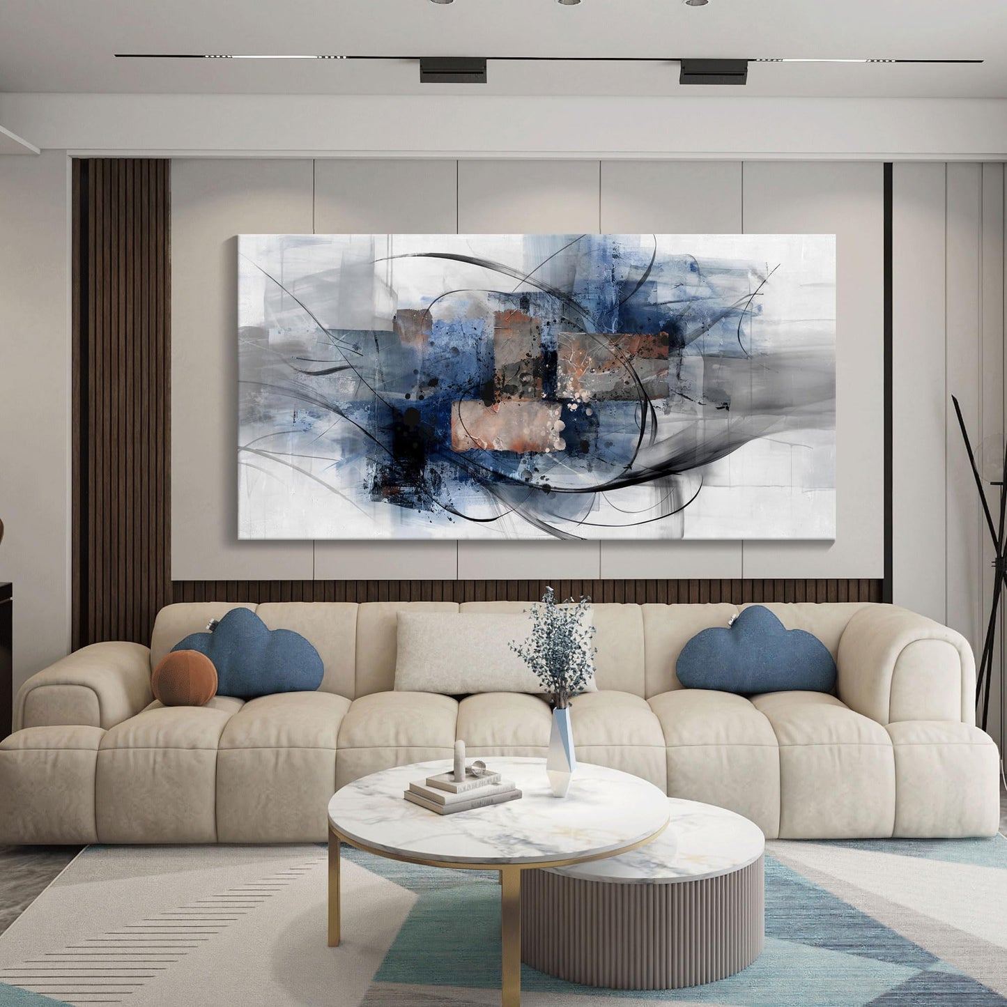 Mofutinpo Canvas Wall Art for Living Room Bedroom Office - Large Wall Art Decor - Abstract Wall Art - Modern Black and White PaintingsBlue and Grey Wall Decor Artwork and Pictures for Wall 24×48