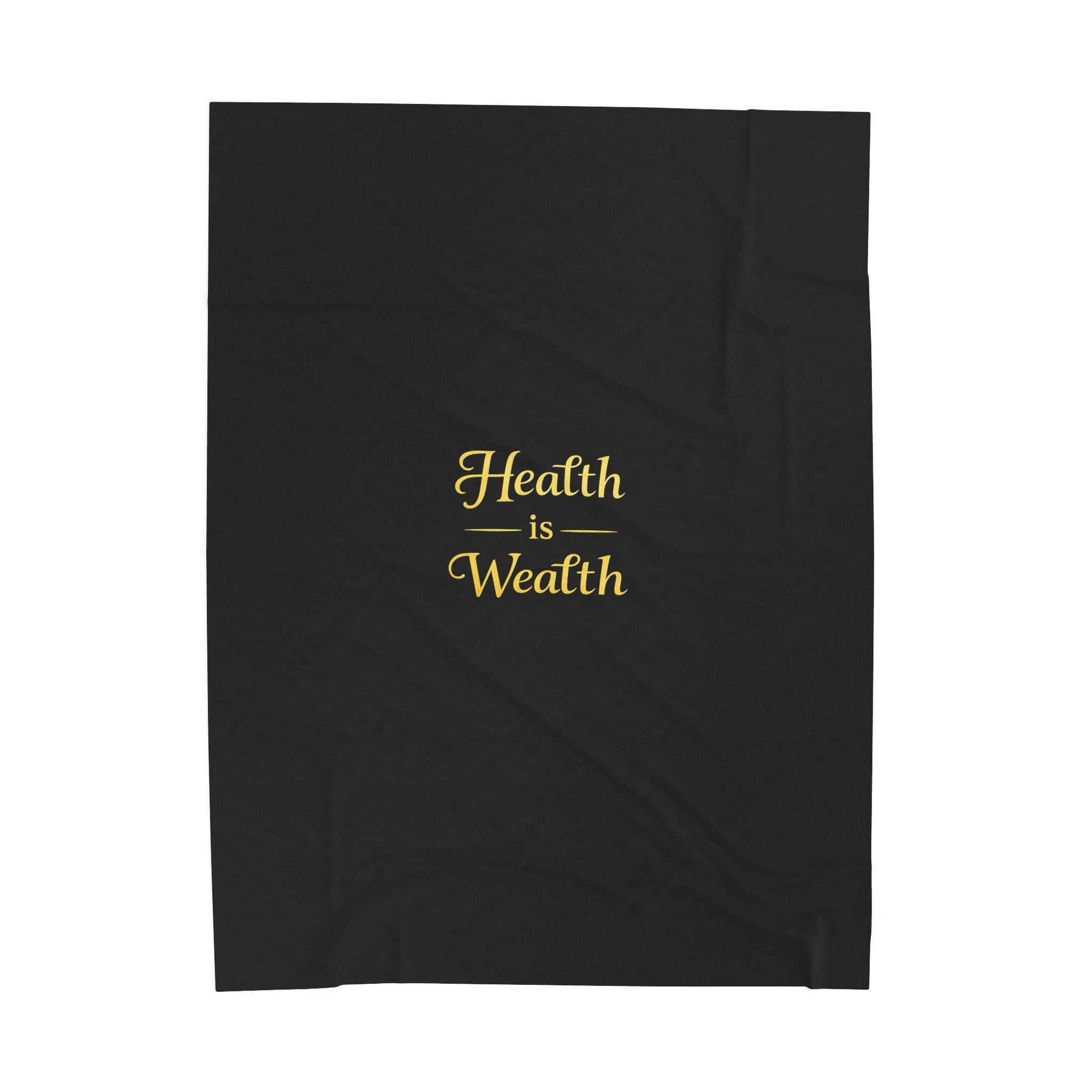 Velveteen Plush Blanket – "Health is Wealth" Gold Script Cozy Throw - luxuryhomedecoridea.com