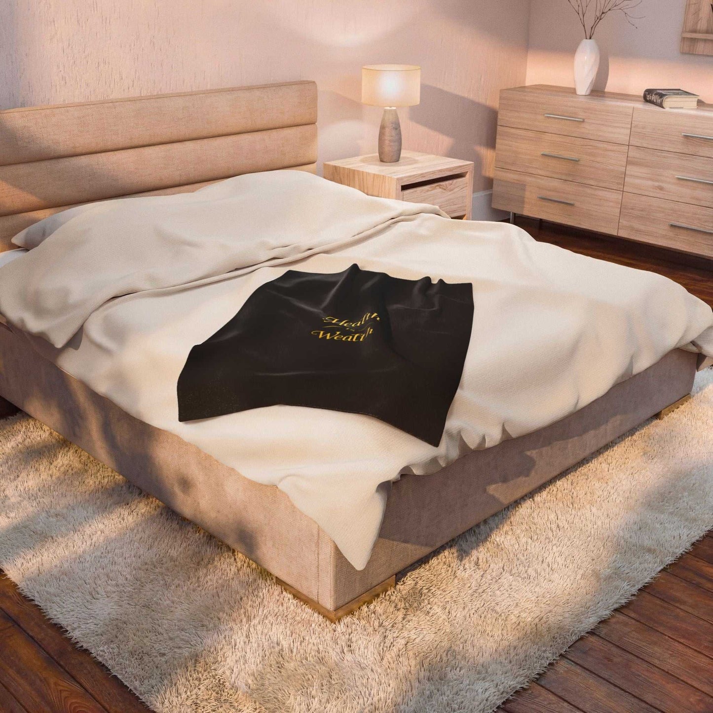 Velveteen Plush Blanket – "Health is Wealth" Gold Script Cozy Throw - luxuryhomedecoridea.com