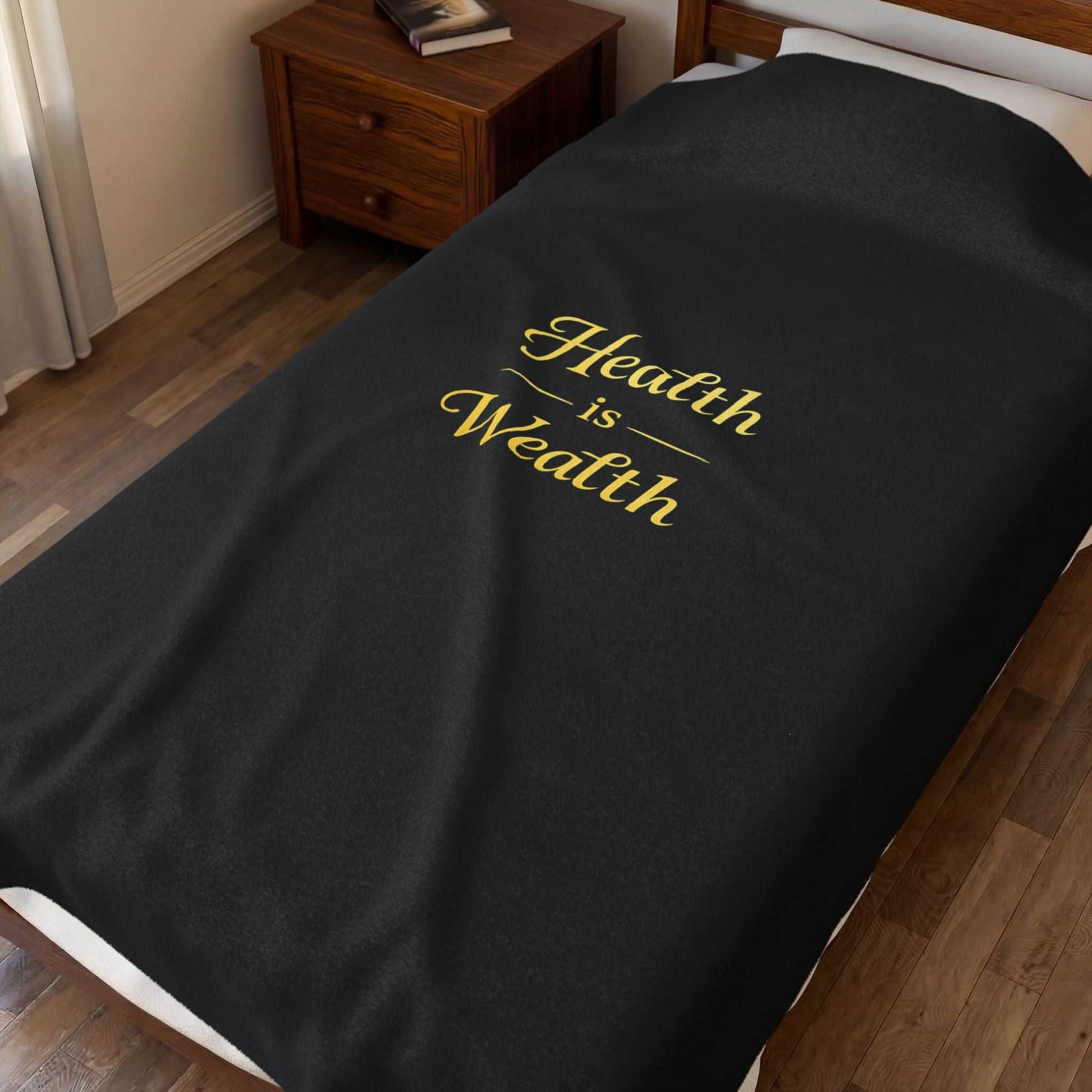 Velveteen Plush Blanket – "Health is Wealth" Gold Script Cozy Throw - luxuryhomedecoridea.com