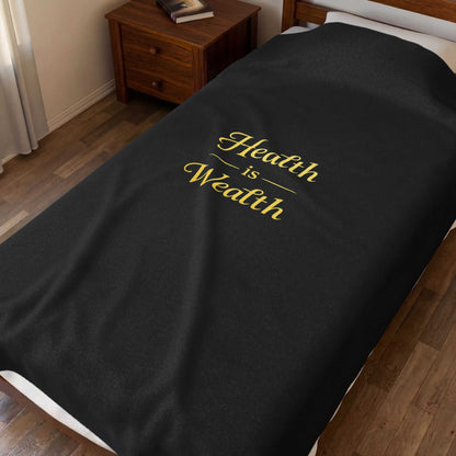 Velveteen Plush Blanket – "Health is Wealth" Gold Script Cozy Throw - luxuryhomedecoridea.com