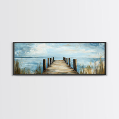 Lake Dock, Peaceful Water Scene, Serene Landscape, Rustic Nature Painting, Minimalist Home Decor, Canvas Print, Framed Canvas Print