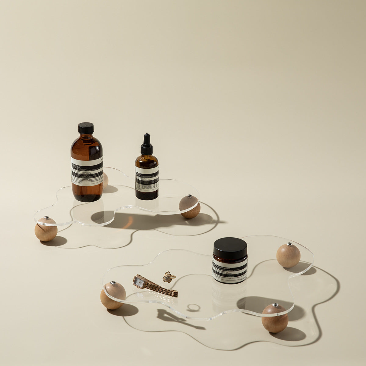 Luxury Acrylic Jewelry and Perfume Makeup Tray with Wood Base