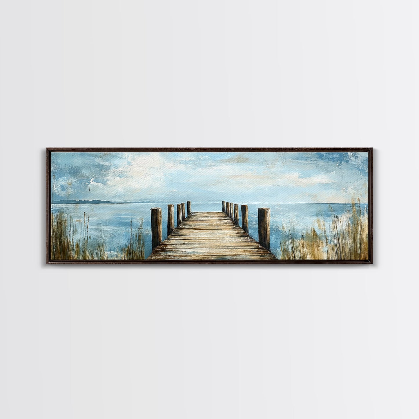 Lake Dock, Peaceful Water Scene, Serene Landscape, Rustic Nature Painting, Minimalist Home Decor, Canvas Print, Framed Canvas Print
