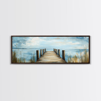 Lake Dock, Peaceful Water Scene, Serene Landscape, Rustic Nature Painting, Minimalist Home Decor, Canvas Print, Framed Canvas Print