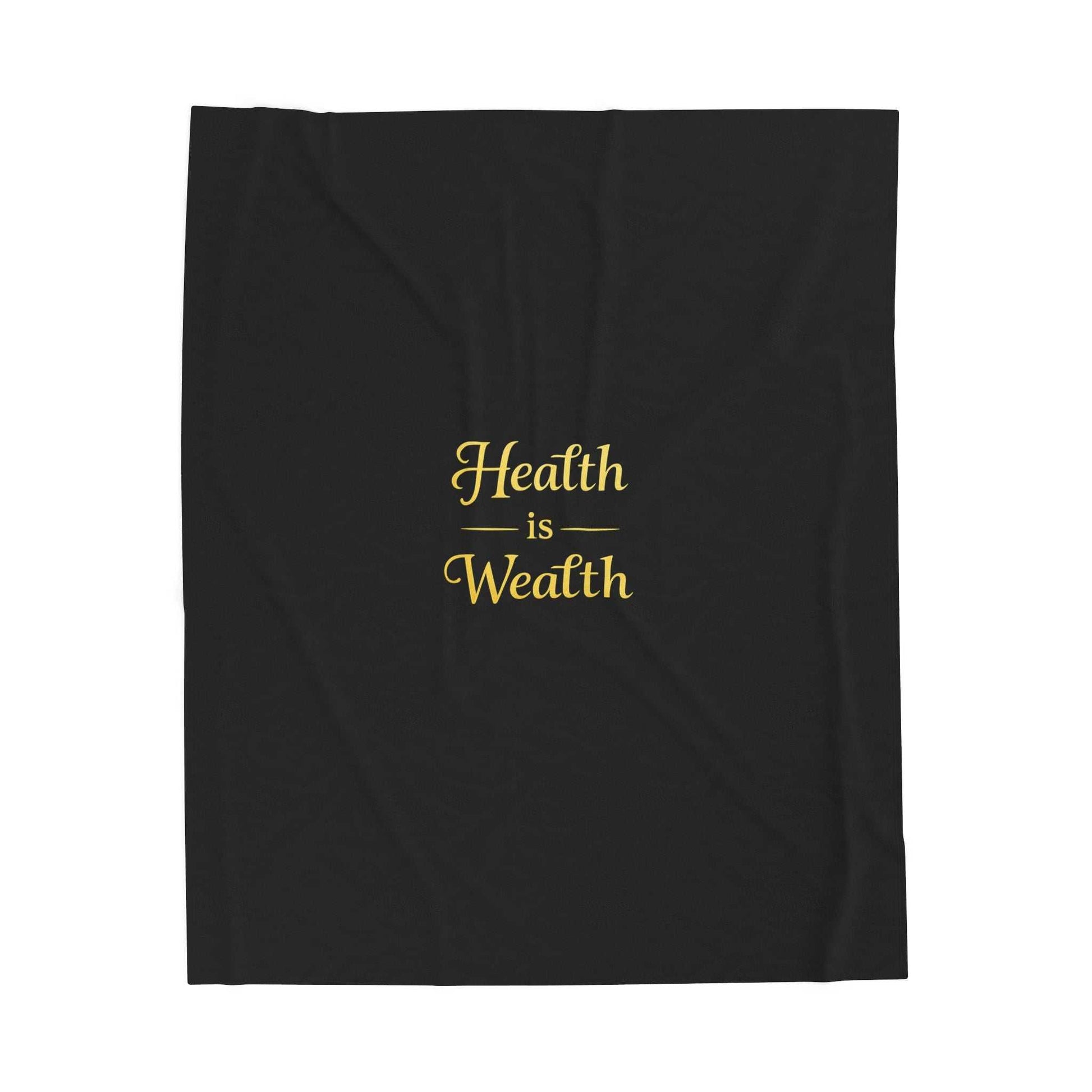 Velveteen Plush Blanket – "Health is Wealth" Gold Script Cozy Throw - luxuryhomedecoridea.com