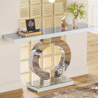 Mirrored Console Table, Modern Silver Sofa Table with O-Shaped BaseS - luxuryhomedecoridea.com