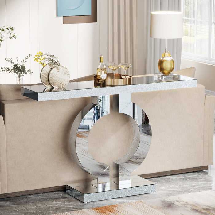 Mirrored Console Table, Modern Silver Sofa Table with O-Shaped BaseS - luxuryhomedecoridea.com