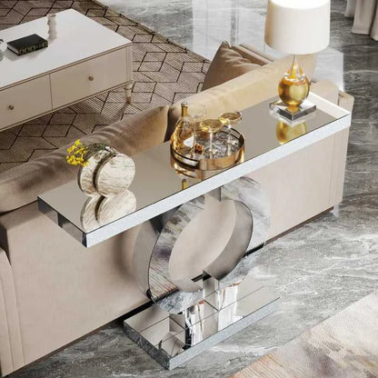 Mirrored Console Table, Modern Silver Sofa Table with O-Shaped BaseS - luxuryhomedecoridea.com