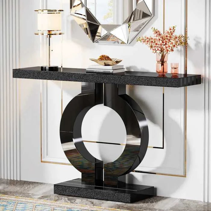 Mirrored Console Table, Modern Silver Sofa Table with O-Shaped BaseS - luxuryhomedecoridea.com