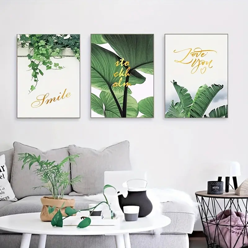 3 Piece Unframed Scandinavian Green Leaves Wall Art