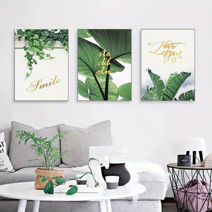 3 Piece Unframed Scandinavian Green Leaves Wall Art