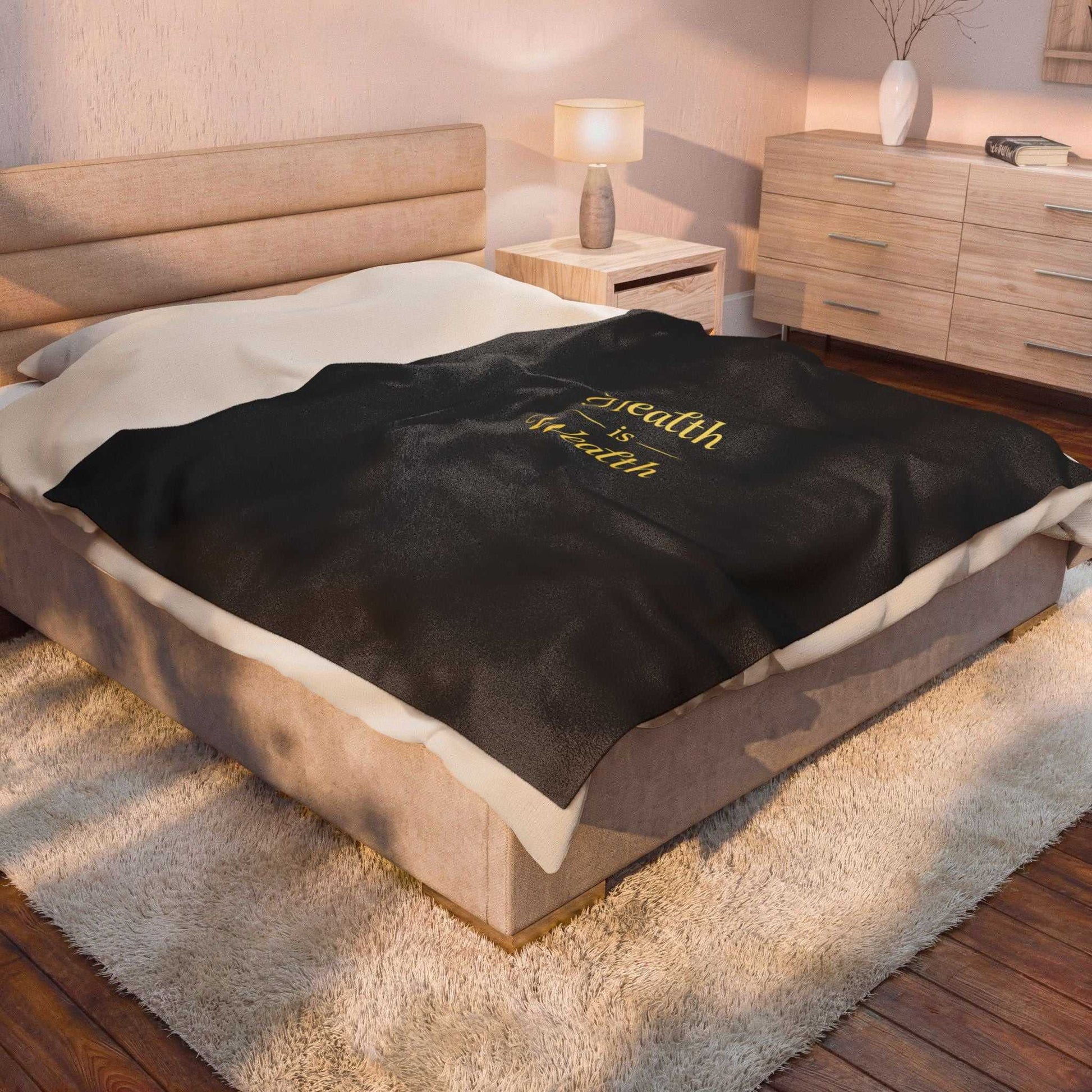 Velveteen Plush Blanket – "Health is Wealth" Gold Script Cozy Throw - luxuryhomedecoridea.com