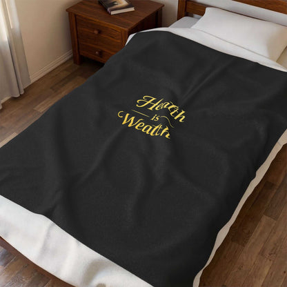 Velveteen Plush Blanket – "Health is Wealth" Gold Script Cozy Throw - luxuryhomedecoridea.com