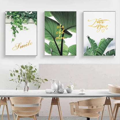 3 Piece Unframed Scandinavian Green Leaves Wall Art
