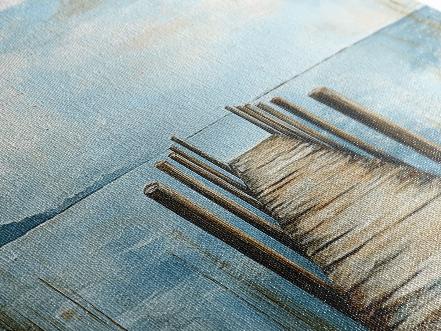 Lake Dock, Peaceful Water Scene, Serene Landscape, Rustic Nature Painting, Minimalist Home Decor, Canvas Print, Framed Canvas Print