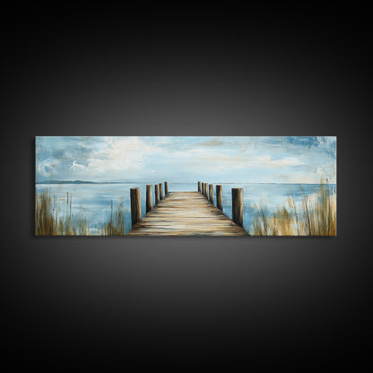Lake Dock, Peaceful Water Scene, Serene Landscape, Rustic Nature Painting, Minimalist Home Decor, Canvas Print, Framed Canvas Print