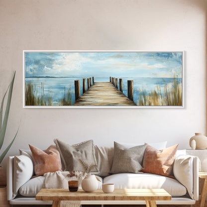 Lake Dock, Peaceful Water Scene, Serene Landscape, Rustic Nature Painting, Minimalist Home Decor, Canvas Print, Framed Canvas Print