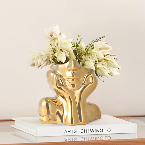 Gold Ceramic Human Face Vase Shy Posture Decorative Human-Shaped Vase Modern Gold Decorative Art Vase Desktop Display Bookshelf Living Room Office Bedroom Small