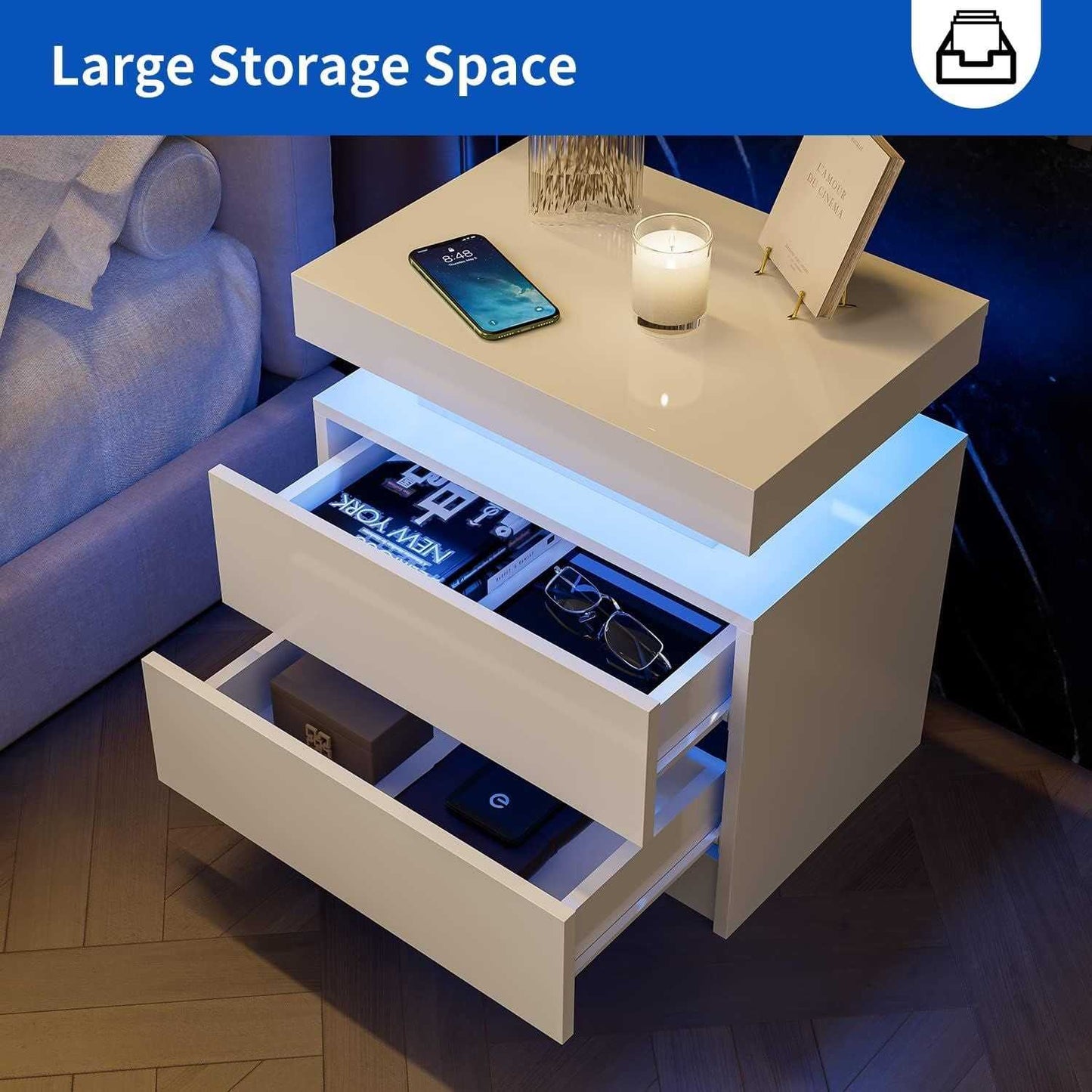 Nightstand LED Bedside Table Cabinet Lights Modern End Side with 2 Drawers for Bedroom (White) - luxuryhomedecoridea.com