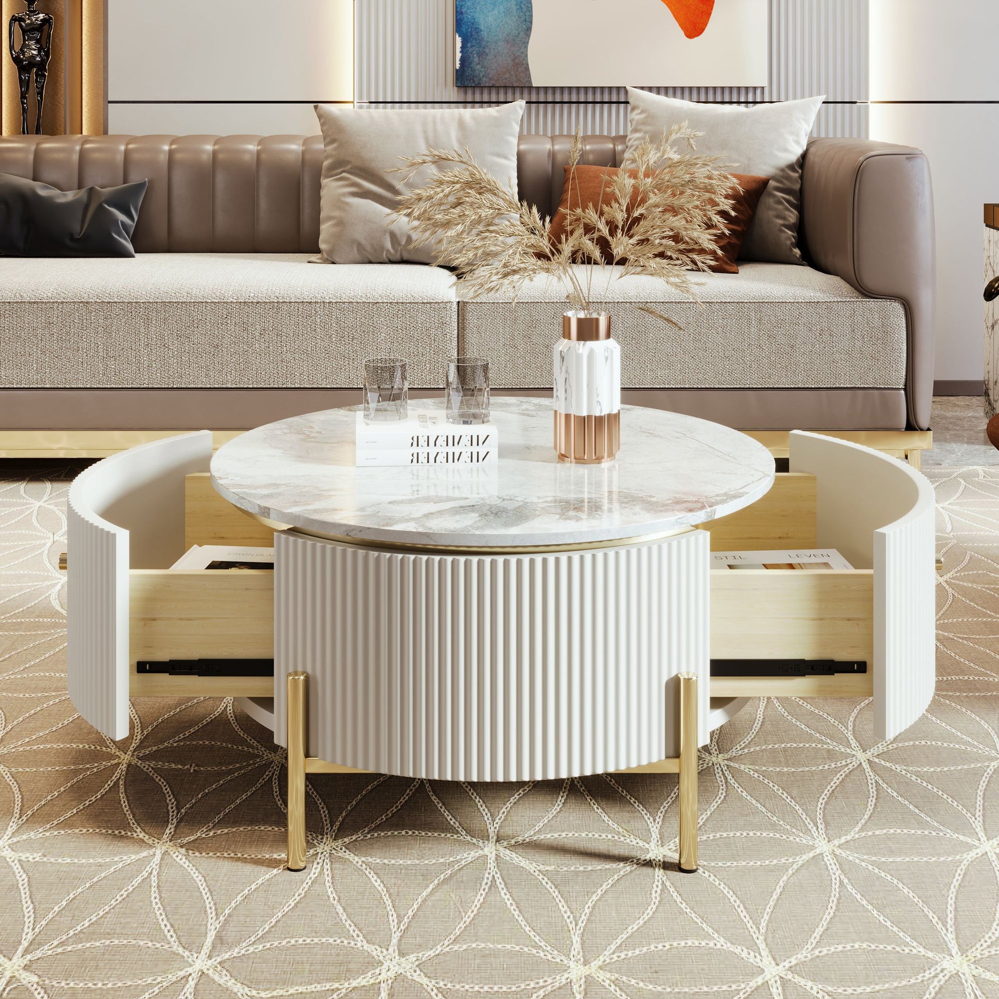 Modern Round Coffee Table with 2 large Drawers Storage Accent Table(31.5'') - luxuryhomedecoridea.com